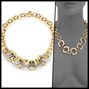 Tory Burch Gold Silver Hexagon Link Necklace NWOT